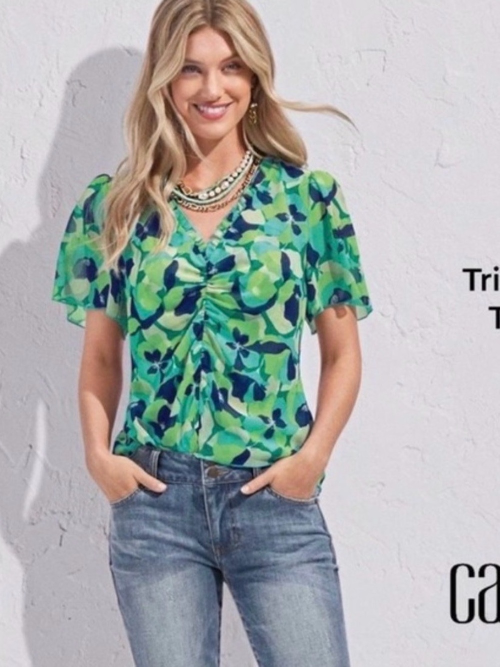 Cabi Style 6807 Blue Green Floral Flutter Sleeve Blouse Size Medium